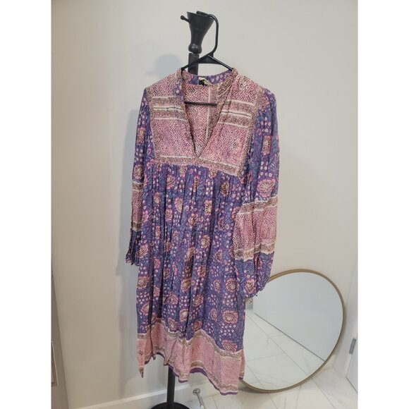 Adini Vintage Cotton Maxi Dress Small Pink Purple Gold Floral Boho 1970s - Picture 1 of 6